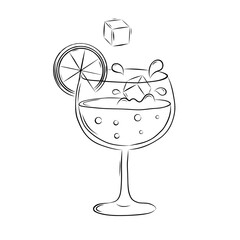 Fototapeta na wymiar Cocktail Glass of Champagne with Orange Slice and Ice Cubes Decorative Element in Doodle Style. Simple Vector Illustration.