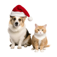 Fototapeta na wymiar happy dog and cat isolated on transparent background wearing a christmas hat 