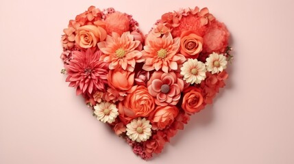 An artistic depiction of the "Living Coral" color, designated as the Color of the Year in 2019, in the form of a heart-shaped arrangement composed of vibrant flowers. 