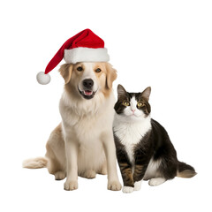 happy dog and cat isolated on transparent background wearing a christmas hat	
