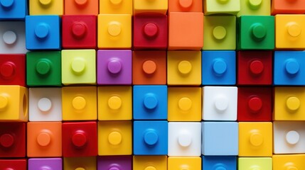 Numerous multi-colored toy blocks assembled to create a single large square shape when viewed from above, illustrating the realms of play, leisure, and recreation
