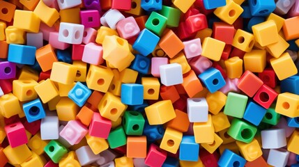 Numerous multi-colored toy blocks assembled to create a single large square shape when viewed from above, illustrating the realms of play, leisure, and recreation