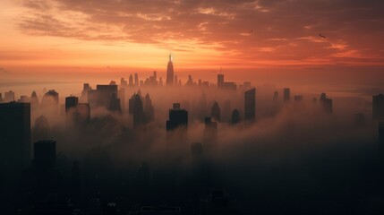A thick and dense fog blankets Manhattan during the morning, obscuring the clear view of the city
