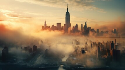 Fototapeta premium A thick and dense fog blankets Manhattan during the morning, obscuring the clear view of the city