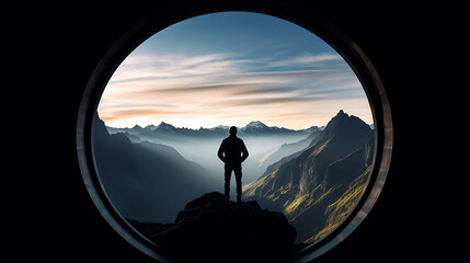 Silhouetted mountaineer gazes out through circular hut window at dramatic peak - obrazy, fototapety, plakaty