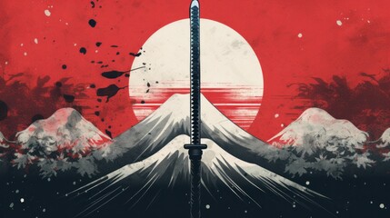 A striking poster featuring a samurai katana sword against the backdrop of the Japanese flag. This unique design is print-ready and can be further customized as needed