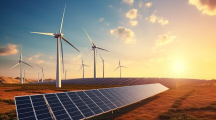 A scene featuring a solar cell plant and wind generators under a clear blue sunset sky, exemplifying a power plant equipped with photovoltaic panels and wind turbines