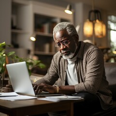Old African American Man Works on Laptop Computer