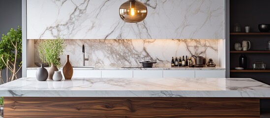 Luxurious interior features marble kitchen island With copyspace for text
