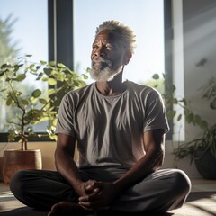 Happy Older Black Man, Relaxing Reflecting on Life, Meditation and Peaceful Meditating Yoga Mindfulness Concept