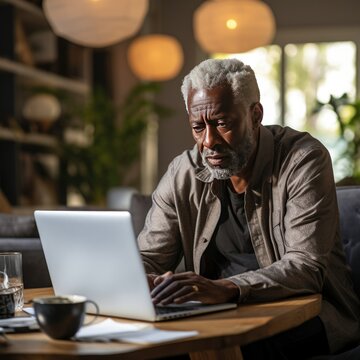 Older African American Businessman Works From Home Living Room, Remote Work