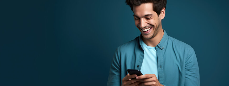 Happy Smiling Young Man Using His Phone On A Colored Background.