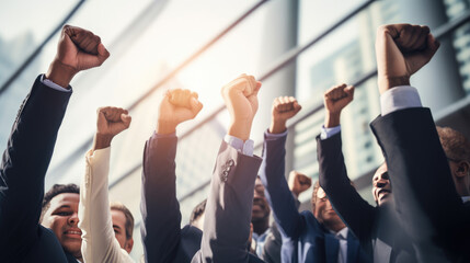 Team of company employees in costumes raise their hands in the air to signify the team's success and victory.