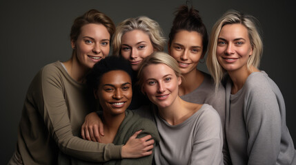 Fototapeta premium Cheerful women of different nationalities and ages standing together in studio