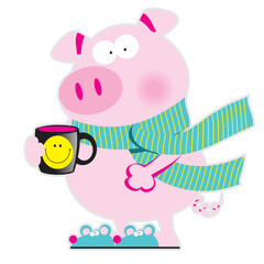 Very sleepy pig with a cup of hot coffee. Vector illustration.Isolated on transparent background. Excellent for the design of postcards, posters, stickers etc.