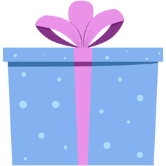 blue gift box with pink ribbon bow, circle dot pattern, flat design, christmas and new year present box, vector illustration