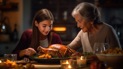 Grandmother teaches her grandchildren how to cook a Thanksgiving turkey
