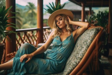young beautiful woman relaxing on hotel terrace in tropical country, AI Generated