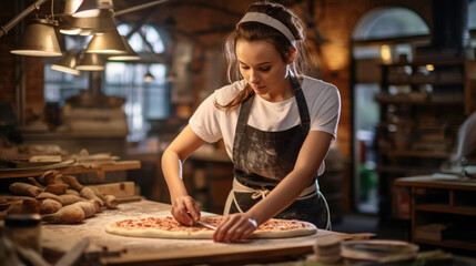 Female chef makes pizza in a restaurant. - obrazy, fototapety, plakaty