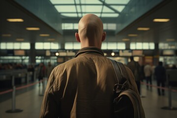 bald man from behind at the airport. Hair transplant beauty industry. Medical tourism.