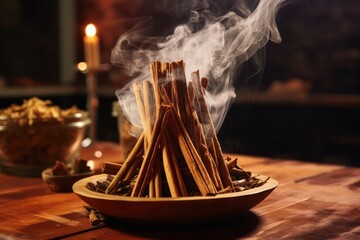 burning palo Santo wood, incense or cinnamon  at home interior closeup - obrazy, fototapety, plakaty