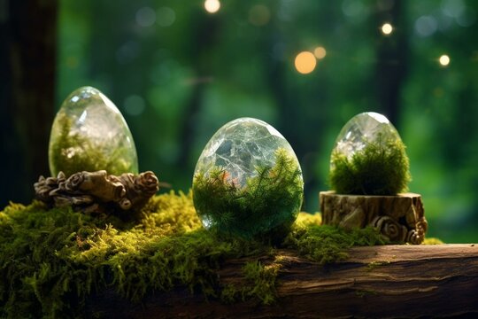 Crystals on moss, forest background. Minerals for healing, magic ritual, spiritual practice. Moon phases image. Banner. Generative AI
