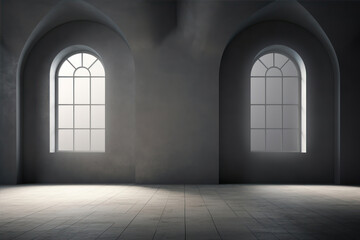 Interior of an empty room with two windows.
