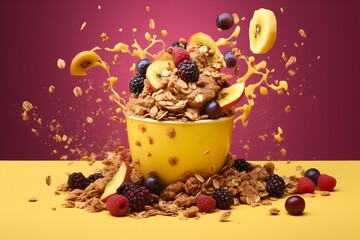 Acai cup with flying granola, peanuts, fruits, and nuts against yellow background. Generative AI