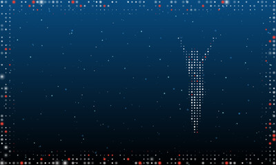 On the right is the woman with hands up symbol filled with white dots. Abstract futuristic frame of dots and circles. Vector illustration on blue background with stars