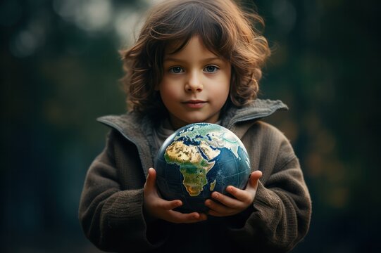kid holding a globe ball in his hands. Future of Erath in hands of younger generation concept. Environment and climate change issues.