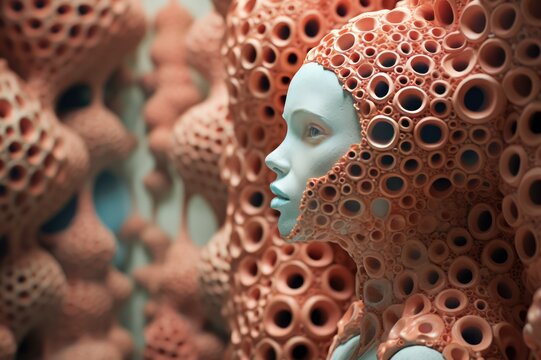 Trypophobia fear abstract illustration with female face. Mental health awareness and therapy.