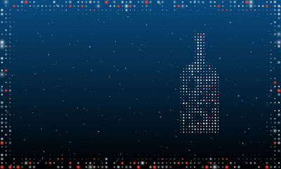 On the right is the a branch in a bottle symbol filled with white dots. Abstract futuristic frame of dots and circles. Vector illustration on blue background with stars