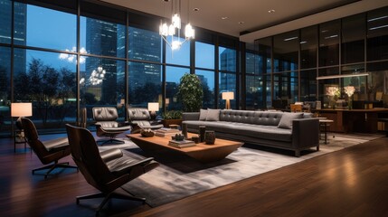 Naklejka premium Experience the sophistication of a modern office: Enter through the grand glass door to a contemporary reception hall