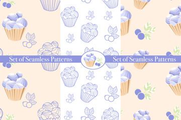 set of seamless patterns with cakes and berry
