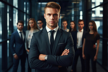 Businesspeople standing while looking at camera with the team in an office