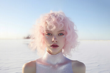 Portrait of a beautiful blonde woman in a pink winter fur jacket. Pastel desert, fresh winter...