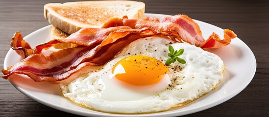 Traditional British morning meal including eggs bacon and coffee - obrazy, fototapety, plakaty