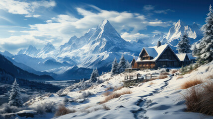 Winter snow landscape with wooden chalets in snowy mountains.