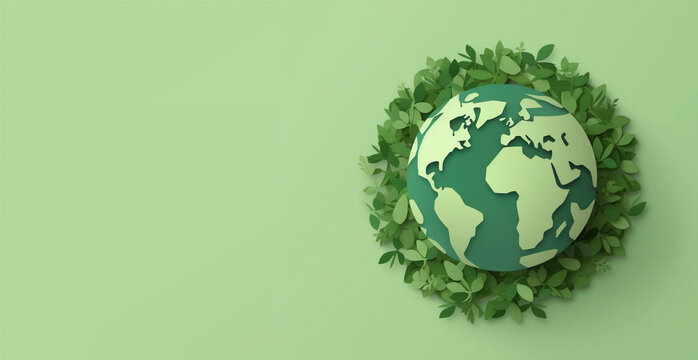 Green planet Earth banner. Globe in green leaves. Saving the Earth. Ecology concept