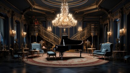 Harmony of luxury: An opulent space featuring a grand piano, vintage folding screen, and an exquisite chandelier