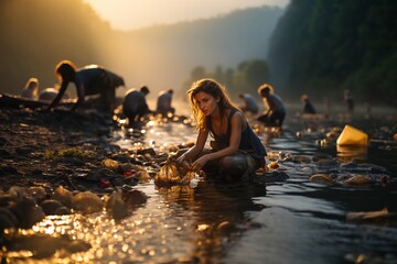 A group of people collecting plastic garbage in the environment. A young female volunteer is fighting for the cleanliness of the environment.