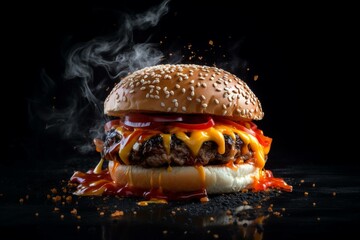 Fiery burger with chili on black background. Generative AI - obrazy, fototapety, plakaty