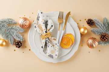 Radiant Christmas ornaments enhancing the table. Top view flat lay of plates, cutlery, xmas balls, dry orange slices, ornament napkin, frost twigs, cones, confetti on beige background