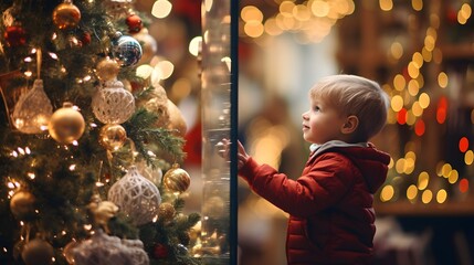 a boy is looking into Christmas decorated shop windows, the city, New Year's lights and garlands of...