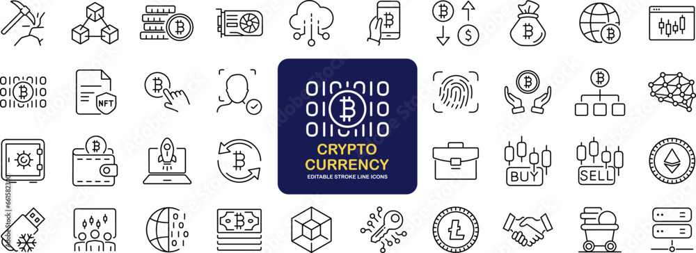 Aufkleber Cryptocurrency set of web icons in line style. Crypto technology and Blockchain icons for web and mobile app. Crypto currency, bitcoin, NFT, technology, decentralized finance, encryption, token