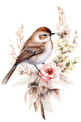 Brown bird on a branch with a flower isolated on a white background watercolor style