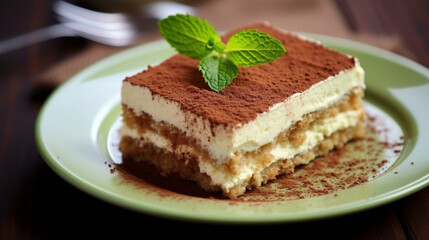 Tiramisu cake with mint stock photo Tiramisu Dessert, generative ai