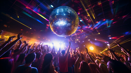 Fototapeta na wymiar Dancing crowd in night club under disco ball