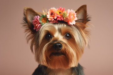 Yorkshire Terrier dog with flower crown on head  - obrazy, fototapety, plakaty