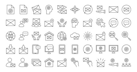 Fototapeta na wymiar Message and mail line icons set. Letter, mail, communication, dialogue, people, correspondence. Isolated on a white background. Vector stock illustration.
